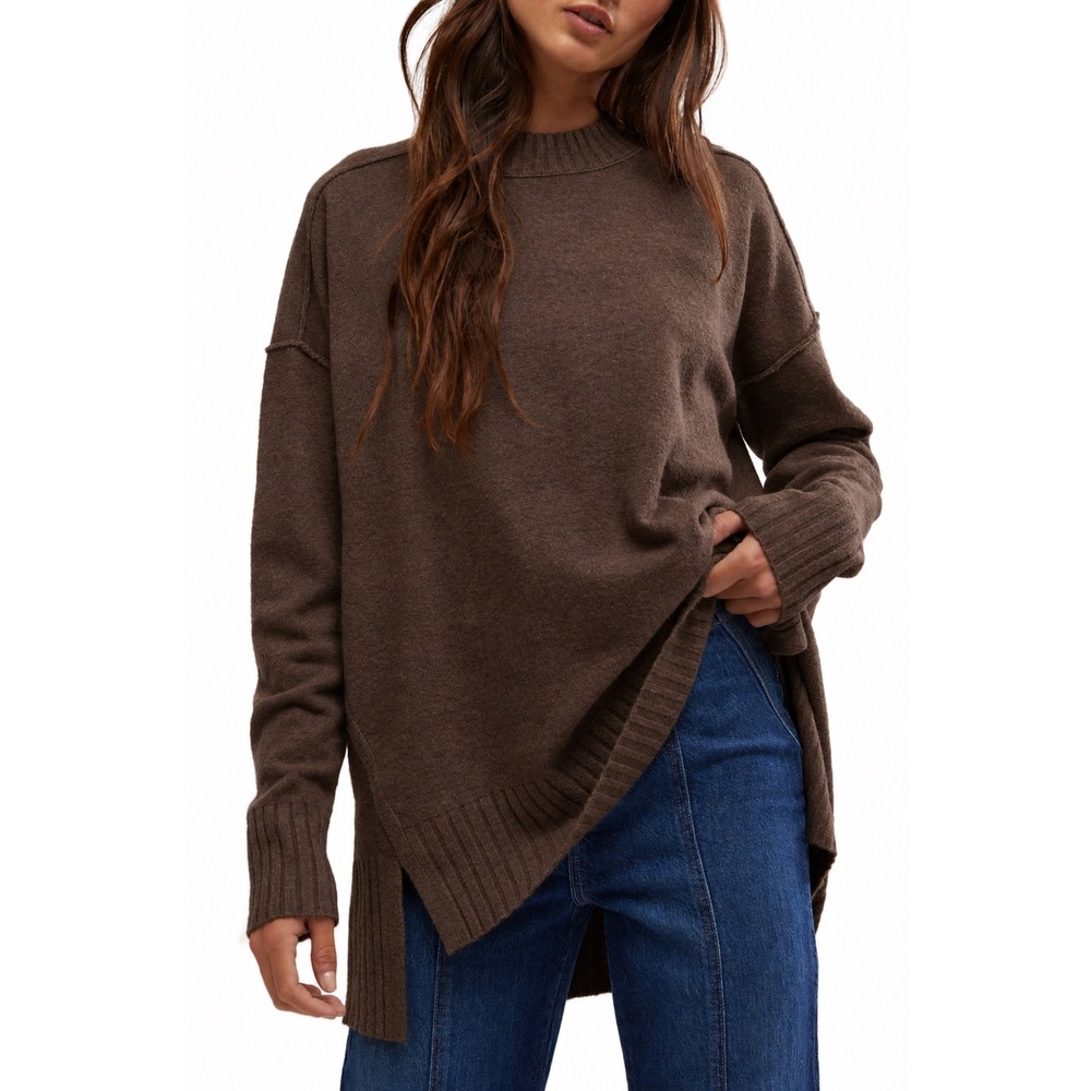 Free People Phoebe Sweater French Roast Brown Oversized Crew Neck Knit Large NEW